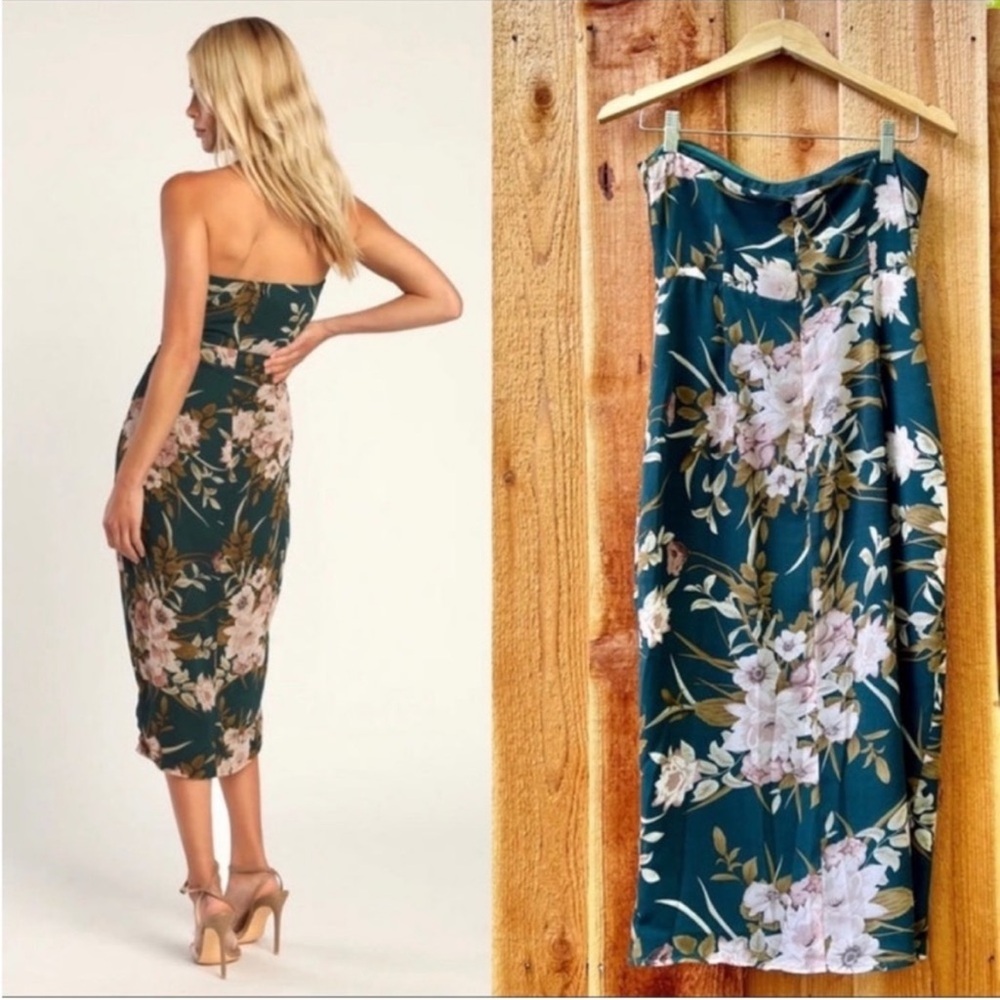 πΏ Green and Blush Floral Strapless Sweetheart Tulip Midi Dress πΏ - Picture 2 of 10